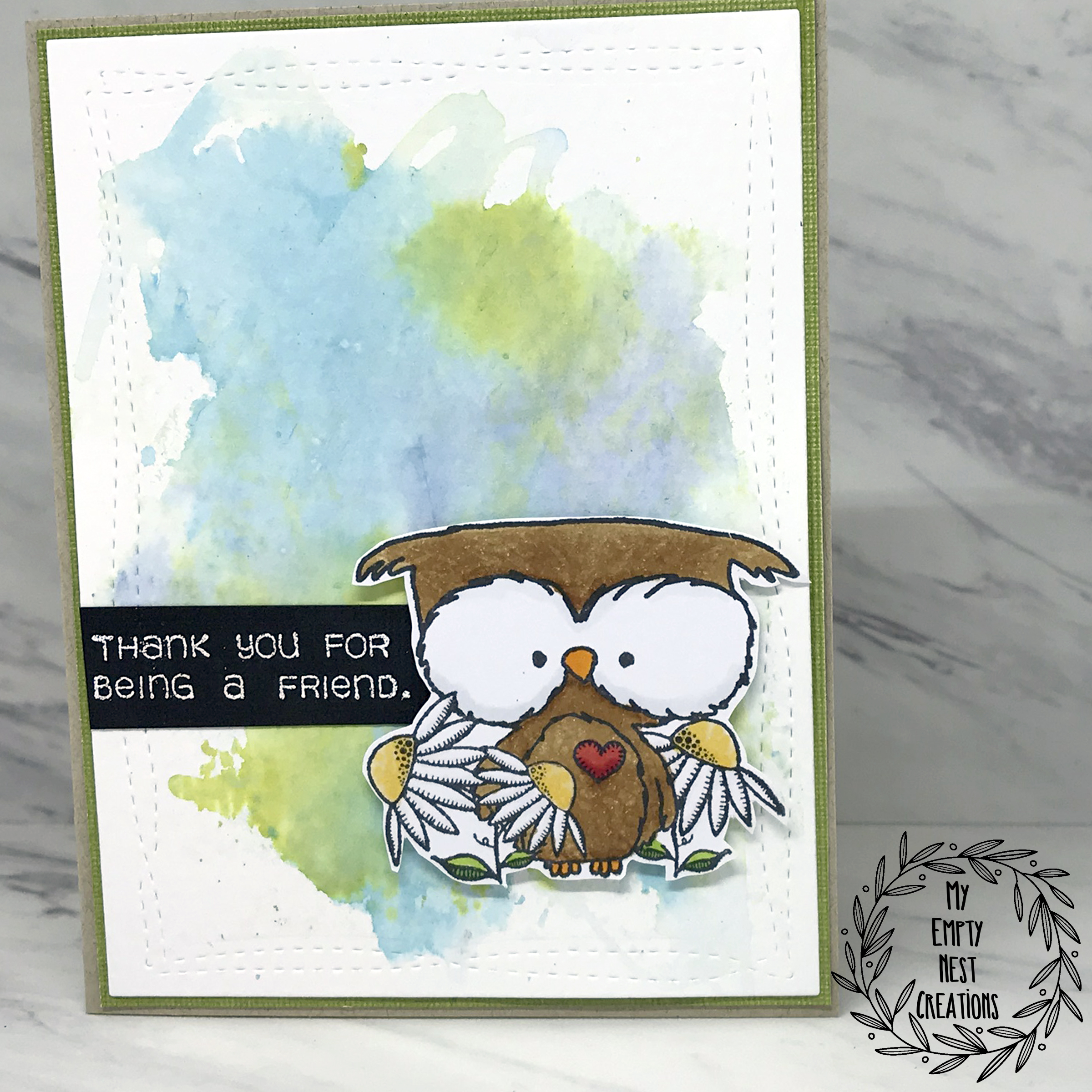 My Empty Nest Creations Unity Stamp Lil Bloomin Owl over Watercolor Background
